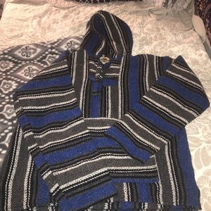 blue, black, and white drug rug